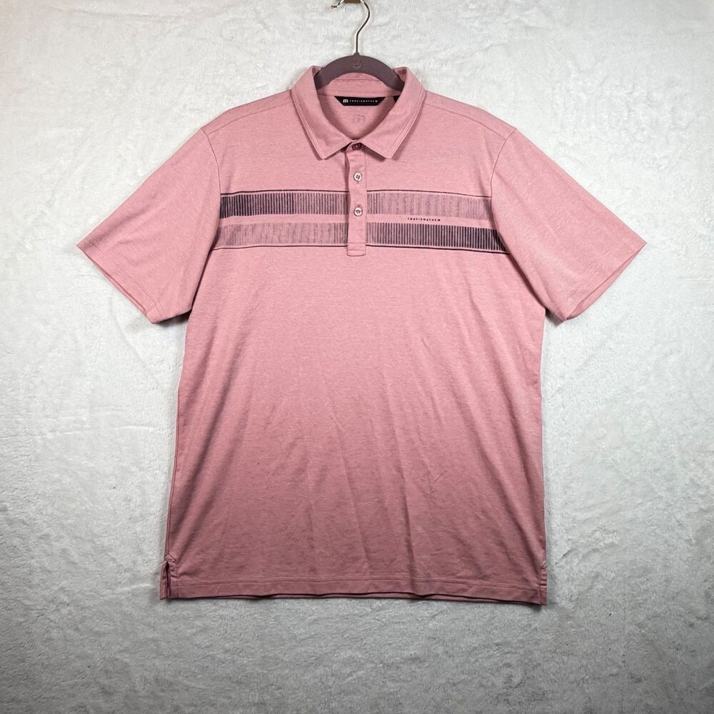 Travis Mathew Men’s Polo Shirt Large Pink Stripe Short Sleeve Golf Cotton Blend